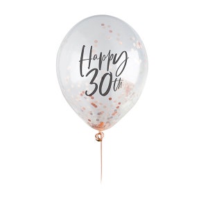 Puede incluir: Globo transparente con confeti oro rosa y la frase "Happy 30th" en negro. El globo est&aacute; sujeto a un tallo de oro rosa, ideal para una celebraci&oacute;n de cumplea&ntilde;os.