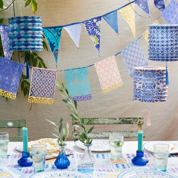 Moroccan Souk Blue Party Decorations, Mediterranean Party Decor, Moroccan Style Plates, Paper Lanterns, Summer Party Garland, Wedding Decor