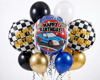 Verjaardagsballonboeket raceauto met geblokte vlag foliedecor voor kinderfeestje