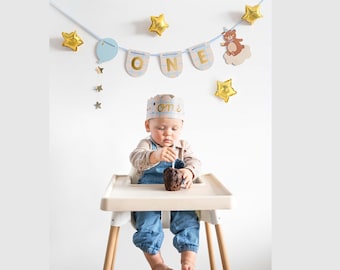 Teddy Bear 1st Birthday High Chair Banner and Crown Set