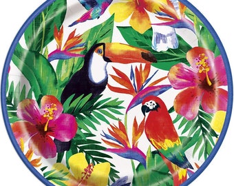 8 Summer Party Plates, Hawaiian Party, Tropical, Garden Party Paper Plates, Palm Tropical Luau Theme Party Tableware