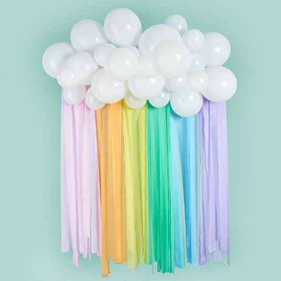 Cloud Backdrop With Rainbow Streamers, Cloud Garland, Rainbow Backdrop, 1st  Birthday, Balloon Garland, Birthday Backdrop, Rainbow Party 