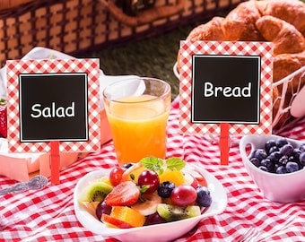 Red Gingham Picnic Chalkboard Sign Clips, BBQ Decorations (Set of 8)
