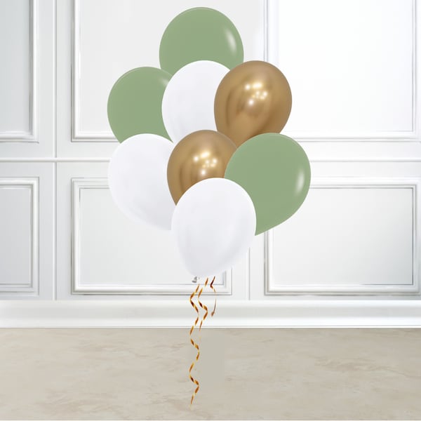 Sage Green Balloons, Eucalyptus Latex Balloon, Baby Shower Birthday Decorations, Wedding Decorations, Sage Green, White and Gold Balloons