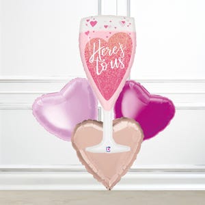 Pink Champagne Cheers Balloon Set | Champagne Glass Foil Balloon with Hearts | Bridal Shower Decor | Hen Party Balloons | Engagement Party