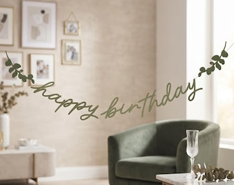 Happy Birthday Banner, Botanical Card Bunting, Sage Green Party Decor, 2m