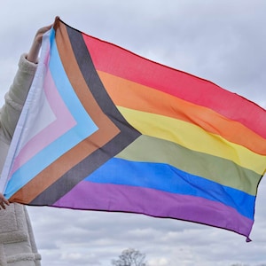 May include: A person holds a multi-colored pride flag with a brown, black, light blue, pink, and white triangle in the upper left corner. The flag has stripes of red, orange, yellow, green, blue, and purple.