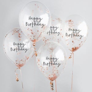 5 palloncini di coriandoli di buon compleanno in oro rosa, palloncini di compleanno, palloncini per feste di compleanno, palloncini per feste in oro rosa, decorazioni di compleanno