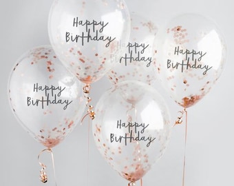 5 Rose Gold Happy Birthday Confetti Balloons, Birthday Balloons, Birthday Party Balloons, Rose Gold Party Balloons, Birthday Decorations