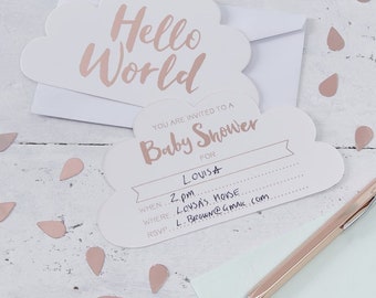 Rose Gold Hello World Baby Shower Invitations with Envelopes (10 Count)