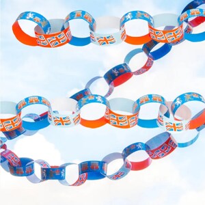 May include: A decorative paper chain featuring the Union Jack flag and other British motifs. The chain is made up of interlocking rings in various colours, including red, white, and blue. The design is reminiscent of a traditional paper chain decoration.