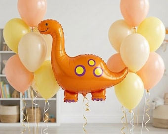 Pastel boho dinosaurusballonboeketset met jumbo oranje folie brontosaurus decor