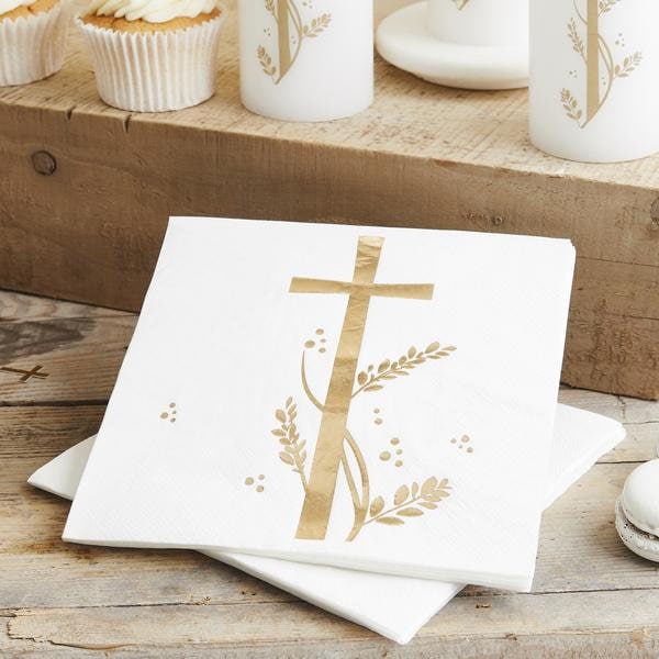 16 Gold Foiled Cross Paper Napkins, Holy Communion Paper Napkins, Christening Paper Napkins, First Holy Communion Decor, Christening Decor