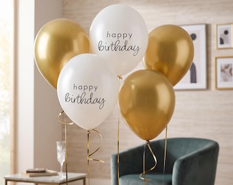 5 Gold and Pearl Happy Birthday Latex Balloons, Elegant Party Decor Set
