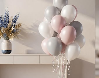 Pastel Dusk Rose, Pearl White, and Grey Balloon Bouquet, Elegant Neutral Party Decoration