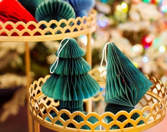 6 Sapins De Noël En Papier Plié Nid D'Abeille - Déco Table Ou Suspension, 3 Tailles Et Couleurs Festives - 2