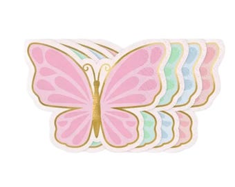 May include: A stack of butterfly-shaped paper napkins. The napkins feature a pink butterfly design with gold trim. Additional napkins in the stack have pastel green, blue, and pink wings. The napkins are suitable for a party or event.