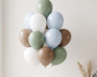 12-delige ballonnenboeket in aardetinten, saliegroen, lichtblauw, bruin, wit, feestdecoratie