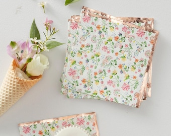 Rose Gold Ditsy Floral Cocktail Napkins | Scalloped Edge Party Tableware