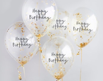 Gold Confetti Happy Birthday Balloons, Party Decorations (Set of 5)
