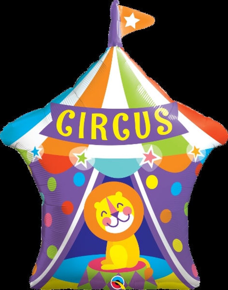 May include: A colorful circus tent balloon with a lion inside. The tent has a purple, orange, and green striped top with a white star on the flag. The words "CIRCUS" are written on a purple banner.