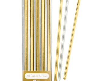 30 Metallics Gold & Silver Foil Straws, Gold and Silver Party Paper Straws, Drinking Straws, Party Decorations, Birthday Party, Wedding