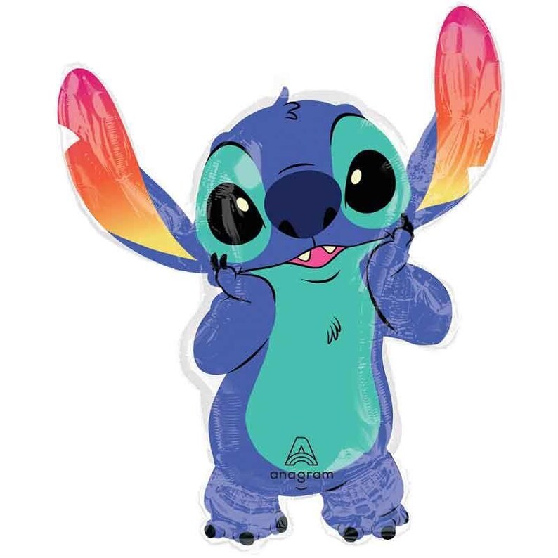 May include: A blue Stitch foil balloon with large black eyes, a teal belly, and pink accents on the ears and mouth. The balloon is shaped like the character from the animated film.