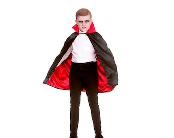 Cape De Vampire D'halloween, 140cm Cape Noir Rouge Halloween, Noir Rouge Réversible Cape Avec Dent De Vampire Et Tatouage D'Halloween, Vampire Capuche Cape Pour Adultes Enfants Pour Halloween