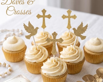 12 gouden glitter cupcake toppers in de vorm van een duif en een kruis | Decoratie voor een doopfeest