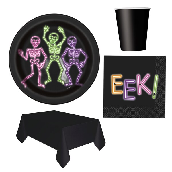 Halloween Neon Lights Dance Like No Body's Watching Party Tableware, Cute Halloween Party Plates, Napkins, Cups, Skeleton Halloween Decor