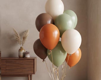 10 Earthy Retro Rust Orange, Sage and Mocha Brown Balloon Bouquet Kit | 12 Pack Boho Autumn Biodegradable Latex Mix