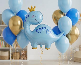 Ballonboeket Blue Prince-dinosaurus met jumbokroon Brontosaurus-feestdecoratie