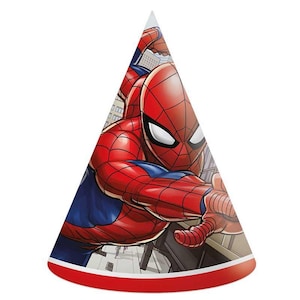 6 Spiderman Crime Fighter Party Hats, Superhero Birthday Supplies, Superhero Party Favours, Spider-Man Birthday Supplies