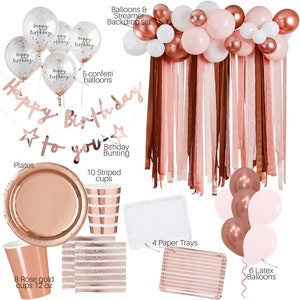 Rose Gold Party Decorations, Rose Gold Party Tableware, Birthday Bunting, Rose Gold Decor, Birthday Party, Rose Gold Plates, Cups, Balloons