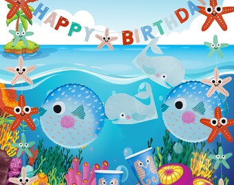 Fête sous l'eau, décorations de fête baleines d'un temps, fête d'anniversaire d'enfants, amis de la mer, articles de fête créatures de l'océan, fête d'anniversaire de filles