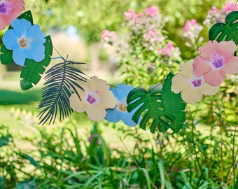 Hawaiian Palm Leaf and Hibiscus Flower Tropical Party Garland Decoration Summer Pool Party Decorations Tiki Bar Decor