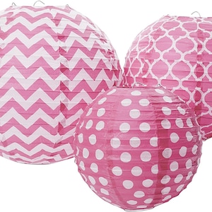 Pink Dots and Chevron Round Lantern Paper, Lantern Garland Decorations, Baby Shower Decorations, Wedding, Birthday Party, Pink Party Decor