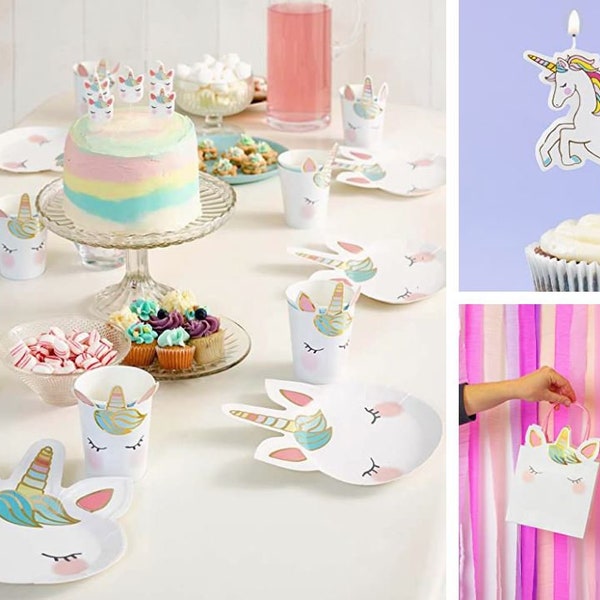 Unicorn Party Decorations, Unicorn Party Tableware, Kids Birthday Partyware Tableware, Unicorn Plates, Napkins, Cups, Pink Streamers, Candle