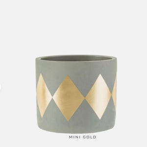May include: A grey cylindrical planter featuring a gold diamond design. The planter has a matte finish and the text "MINI GOLD" is printed at the bottom. This decorative planter is suitable for indoor or outdoor use.
