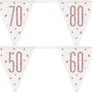 Rose Gold and Silver Holographic Birthday Flag Banner, Birthday Bunting, 50th, 60th,70th,80th Birthday Party Banner,Milestones Bunting