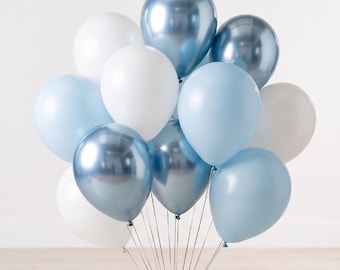 12 pastelkleurige en chroomblauwe ballonboeketten | 12 inch biologisch afbreekbare latexmix voor verjaardag of babyshower