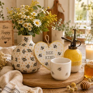 May include: A decorative arrangement featuring a vase with a bee pattern, a heart-shaped sign that says "Bee Kind", and a yellow water sprayer. The vase holds daisies and yellow flowers. A small white cup with bee graphics is also present.