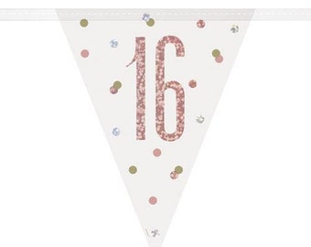 16th Birthday Rose Gold and Silver Holographic Happy Birthday Flag Banner, Birthday Bunting, Sixteenth Birthday Party Banner, Sweet Sixteen