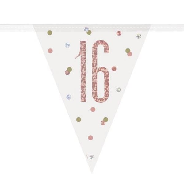 16e anniversaire Bannière holographique de drapeau de joyeux anniversaire en or rose et argent, Bunting d’anniversaire, bannière de fête de seizième anniversaire, Sweet Sixteen