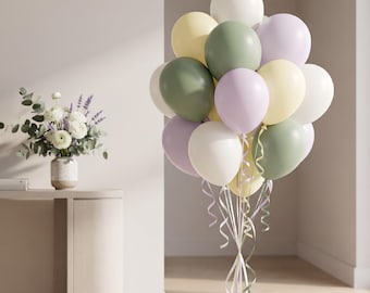 Pastel Balloon Bouquet, Almond White, Lilac, Yellow and Retro Eucalyptus Party Set, 15 Pack