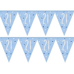 Könnte beinhalten: Hellblaue Wimpelkette mit der silbernen Glitzerzahl "21" auf jedem Wimpel. Die Wimpel sind mit kleinen blauen und silbernen Punkten verziert. Ideal für eine 21. Geburtstagsfeier.