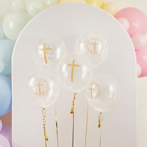 5 Battesimo, Battesimo Croce Palloncini in lattice riempiti di coriandoli, Battesimo, Santa Comunione, Decorazioni per celebrazioni religiose, Palloncino per battesimo