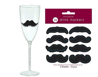 Moustache Drink Markers, Party Drink Stickers (16 pcs)
