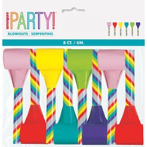 8 Multicoloured Party Blowouts, Kids Birthday Party, Party Favours, Party Supplies ,  Goody Bags Pinata, Party Bag Fillers