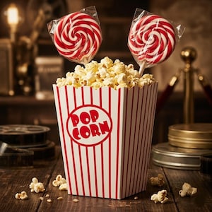 May include: A traditional popcorn box with red and white stripes, filled with popcorn. Two red and white swirl lollipops are placed in the popcorn. The box has the words "POP CORN" in a red circle.